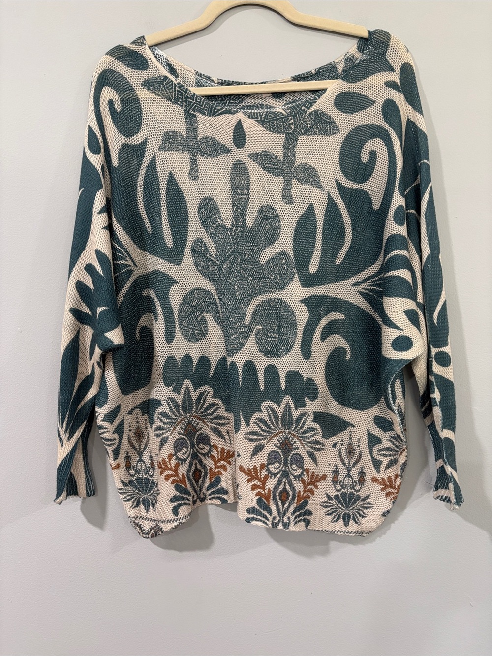 GIGI MODA RELAXED TEAL & CREAM PATTERN KNiT PULLOVER SIZE/M